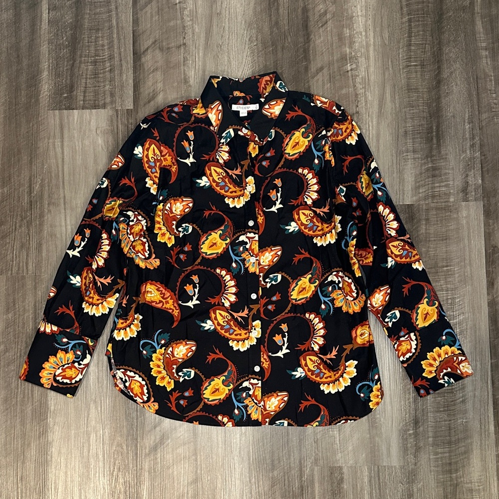 Chico’s No Iron Paisley Stretch Long Sleeve Button Down - 2 (12/Large)